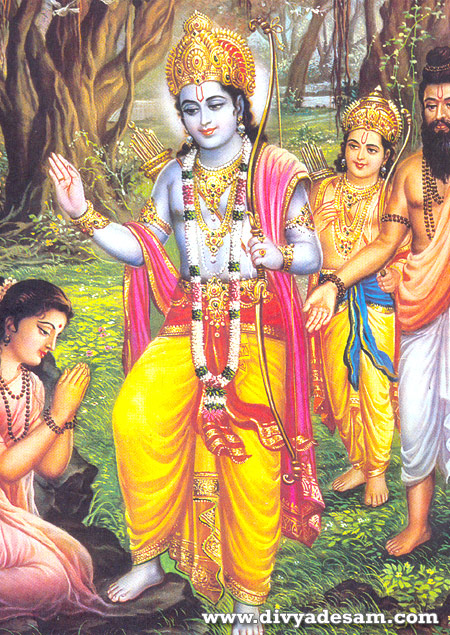 Sri Ramar giving Sabha Vimochanam for Agaligai - Rishi Vishwamithrar and Lakshmanar are found along with Sri Ramar