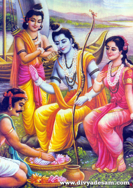 Guhan Padha Sevai for Sri Ramar - Sita Piratti and Lakshmanar are found along with Him