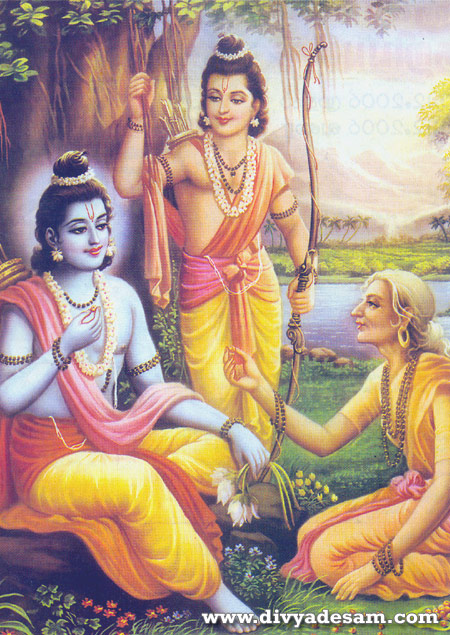 Sabari giving a fruit for Sri Ramar - Lakshmanar is found along with Sri Ramar